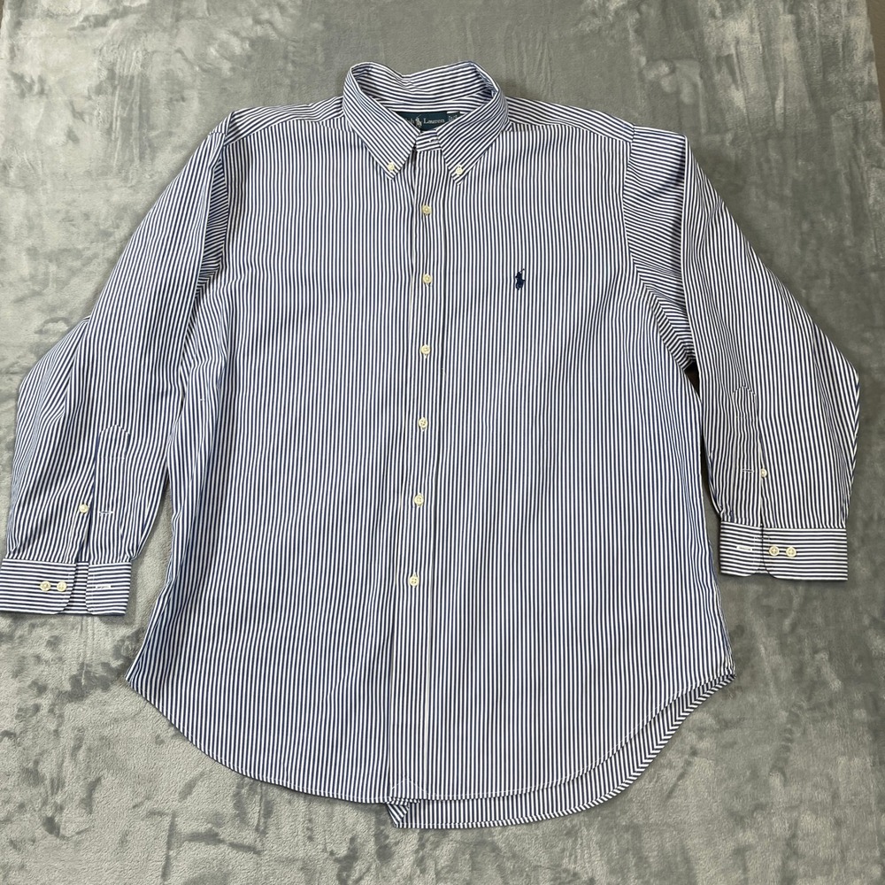 Ralph Lauren Button Down Shirt Mens 17.5 32/33 Classic Fit Striped Blue White